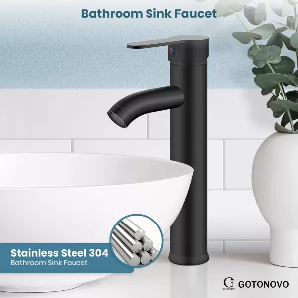 imagegotonovo Bathroom Faucet One Hole Single Handle Deck Mount Vessel Sink Faucet Lavatory Vanity Modern Tall Mixer Bar Tap with Water Supply Lines and Metal Pop Up Drain Brushed NickelMatte Black
