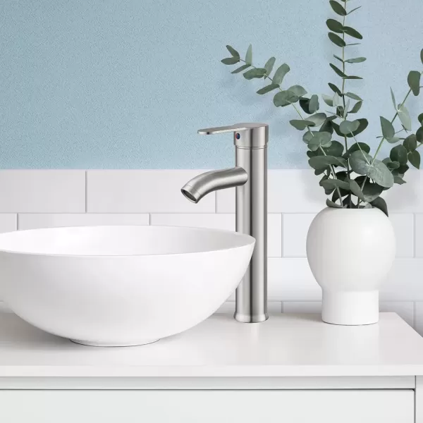 imagegotonovo Bathroom Faucet One Hole Single Handle Deck Mount Vessel Sink Faucet Lavatory Vanity Modern Tall Mixer Bar Tap with Water Supply Lines and Metal Pop Up Drain Brushed NickelBrushed Nickel