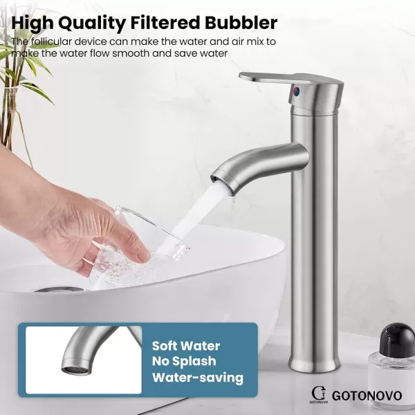 imagegotonovo Bathroom Faucet One Hole Single Handle Deck Mount Vessel Sink Faucet Lavatory Vanity Modern Tall Mixer Bar Tap with Water Supply Lines and Metal Pop Up Drain Brushed NickelBrushed Nickel