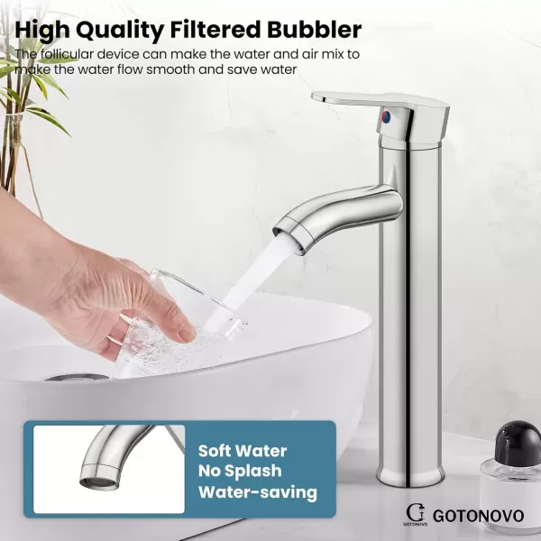 imagegotonovo Bathroom Faucet One Hole Single Handle Deck Mount Vessel Sink Faucet Lavatory Vanity Modern Tall Mixer Bar Tap with Water Supply Lines and Metal Pop Up Drain Brushed NickelPolish Chrome