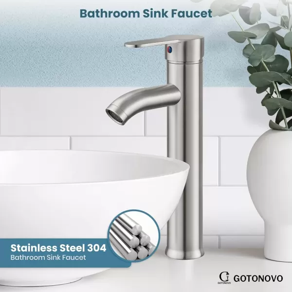 imagegotonovo Bathroom Faucet One Hole Single Handle Deck Mount Vessel Sink Faucet Lavatory Vanity Modern Tall Mixer Bar Tap with Water Supply Lines and Metal Pop Up Drain Brushed NickelBrushed Nickel