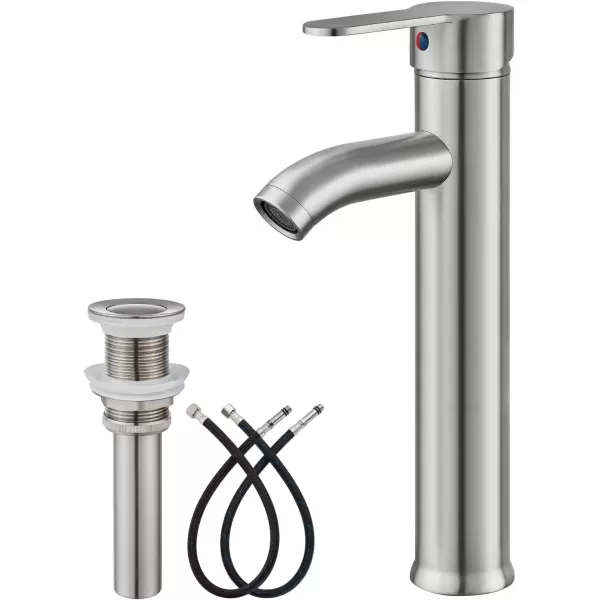 imagegotonovo Bathroom Faucet One Hole Single Handle Deck Mount Vessel Sink Faucet Lavatory Vanity Modern Tall Mixer Bar Tap with Water Supply Lines and Metal Pop Up Drain Brushed NickelBrushed Nickel