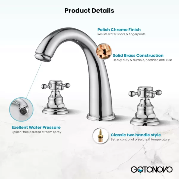 imagegotonovo Bathroom Faucets for Sink 3 Hole 2 Handles Widespread Bathroom Sink Faucet Deck Mount with Pop Up DrainWater Lines Bathroom Sink Fixtures Cross Handle Polished ChromePolished Chrome