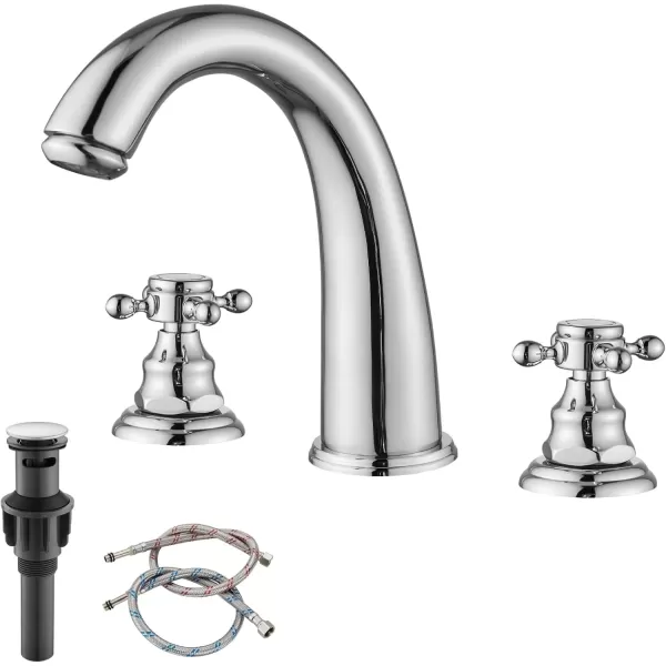 imagegotonovo Bathroom Faucets for Sink 3 Hole 2 Handles Widespread Bathroom Sink Faucet Deck Mount with Pop Up DrainWater Lines Bathroom Sink Fixtures Cross Handle Polished ChromePolished Chrome