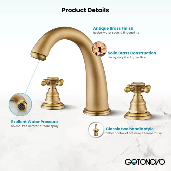 imagegotonovo Bathroom Faucets for Sink 3 Hole 2 Handles Widespread Bathroom Sink Faucet Deck Mount with Pop Up DrainWater Lines Bathroom Sink Fixtures Cross Handle Polished ChromeAntique Brass