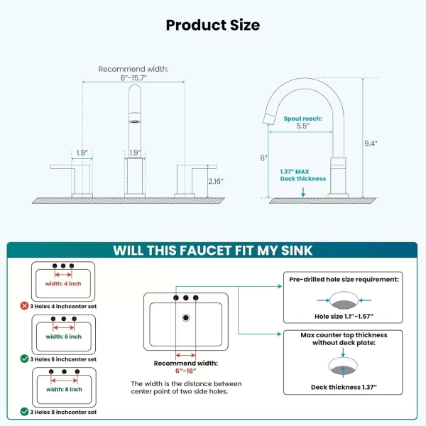 imagegotonovo Bathroom Faucets for Sink 3 Hole 2 Handles Widespread Bathroom Sink Faucet Deck Mount with Pop Up DrainWater Lines Bathroom Sink Fixtures Cross Handle Polished ChromeMatte Black