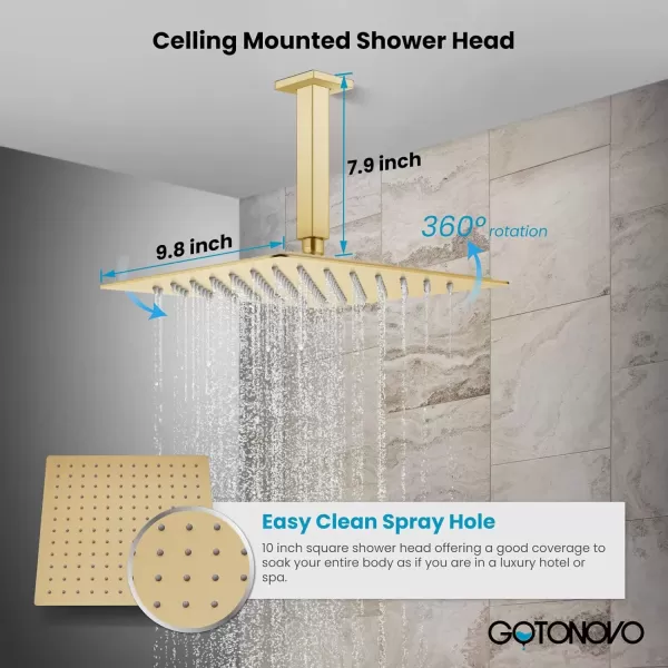imagegotonovo Bathroom Rain Shower Combo Set Ceiling Mount with Handheld Spray High Pressure Luxury Shower Mixer Faucet with Roughin Valve Shower Trim 2 Function 10 inch Shower Head Brushed GoldBrushed Gold