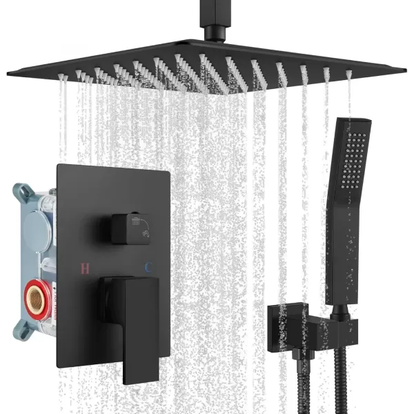 imagegotonovo Bathroom Rain Shower Combo Set Ceiling Mount with Handheld Spray High Pressure Luxury Shower Mixer Faucet with Roughin Valve Shower Trim 2 Function 12 inch Shower Head Matte Black