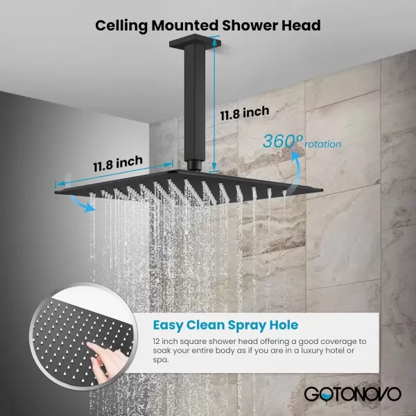 imagegotonovo Bathroom Rain Shower Combo Set Ceiling Mount with Handheld Spray High Pressure Luxury Shower Mixer Faucet with Roughin Valve Shower Trim 2 Function 12 inch Shower Head Matte Black