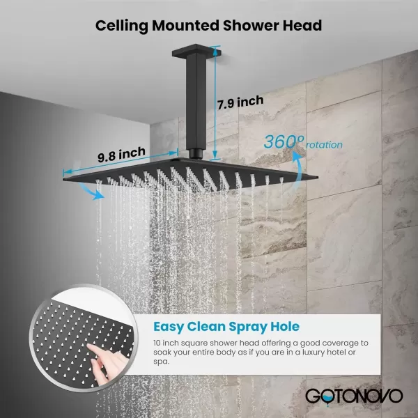 imagegotonovo Bathroom Rain Shower Combo Set Ceiling Mount with Handheld Spray High Pressure Luxury Shower Mixer Faucet with Roughin Valve Shower Trim 2 Function 10 inch Shower Head Brushed GoldMatte Black