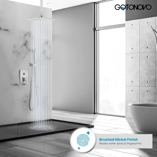 imagegotonovo Bathroom Rain Shower Combo Set Ceiling Mount with Handheld Spray High Pressure Luxury Shower Mixer Faucet with Roughin Valve Shower Trim 2 Function 10 inch Shower Head Brushed GoldBrushed Nickel