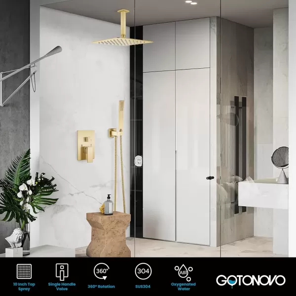 imagegotonovo Bathroom Rain Shower Combo Set Ceiling Mount with Handheld Spray High Pressure Luxury Shower Mixer Faucet with Roughin Valve Shower Trim 2 Function 10 inch Shower Head Brushed GoldBrushed Gold