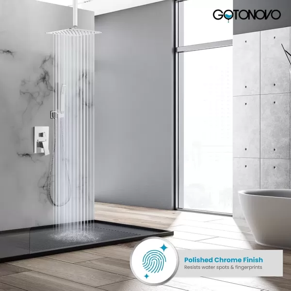 imagegotonovo Bathroom Rain Shower Combo Set Ceiling Mount with Handheld Spray High Pressure Luxury Shower Mixer Faucet with Roughin Valve Shower Trim 2 Function 10 inch Shower Head Brushed GoldPolished Chrome