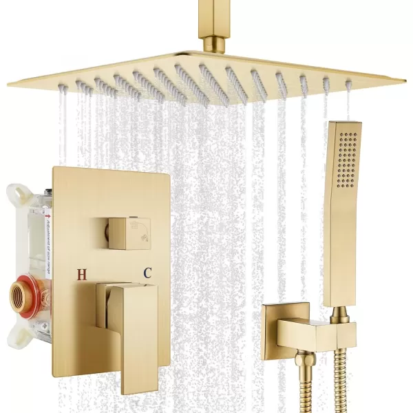 imagegotonovo Bathroom Rain Shower Combo Set Ceiling Mount with Handheld Spray High Pressure Luxury Shower Mixer Faucet with Roughin Valve Shower Trim 2 Function 10 inch Shower Head Brushed GoldBrushed Gold