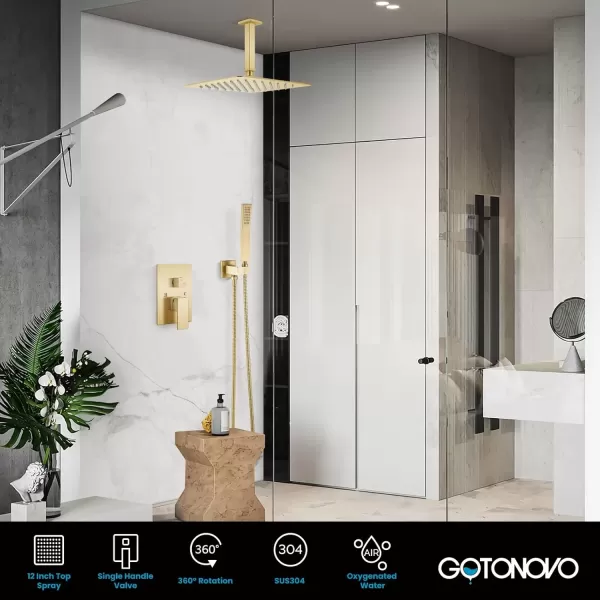 imagegotonovo Bathroom Rain Shower Combo Set Ceiling Mount with Handheld Spray High Pressure Luxury Shower Mixer Faucet with Roughin Valve Shower Trim 2 Function 10 inch Shower Head Brushed GoldBrushed Gold