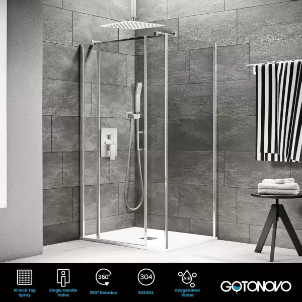 imagegotonovo Bathroom Rain Shower Combo Set Ceiling Mount with Handheld Spray High Pressure Luxury Shower Mixer Faucet with Roughin Valve Shower Trim 2 Function 10 inch Shower Head Brushed GoldBrushed Nickel