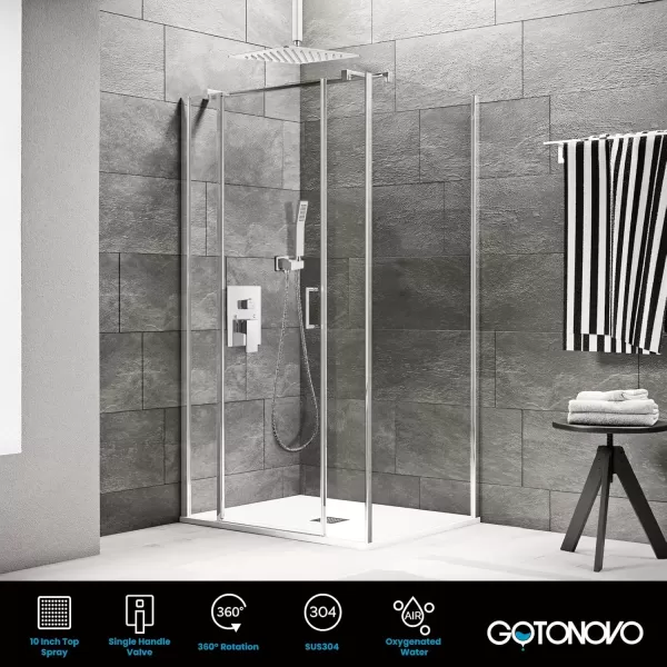 imagegotonovo Bathroom Rain Shower Combo Set Ceiling Mount with Handheld Spray High Pressure Luxury Shower Mixer Faucet with Roughin Valve Shower Trim 2 Function 10 inch Shower Head Brushed GoldPolished Chrome