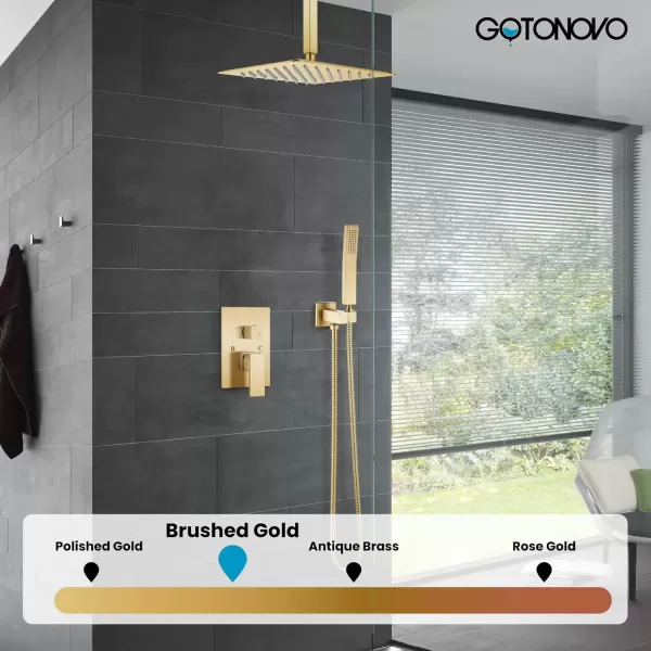 imagegotonovo Bathroom Rain Shower Combo Set Ceiling Mount with Handheld Spray High Pressure Luxury Shower Mixer Faucet with Roughin Valve Shower Trim 2 Function 10 inch Shower Head Brushed GoldBrushed Gold