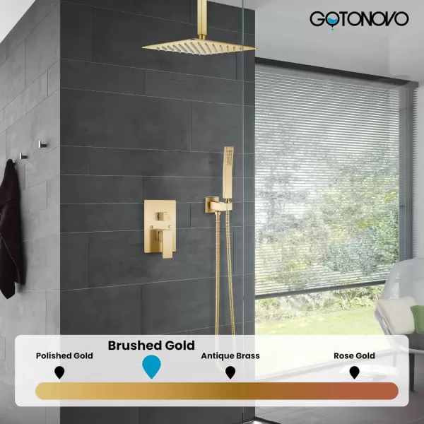 imagegotonovo Bathroom Rain Shower Combo Set Ceiling Mount with Handheld Spray High Pressure Luxury Shower Mixer Faucet with Roughin Valve Shower Trim 2 Function 10 inch Shower Head Brushed GoldBrushed Gold