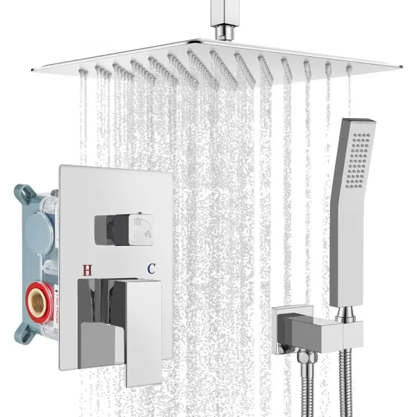 imagegotonovo Bathroom Rain Shower Combo Set Ceiling Mount with Handheld Spray High Pressure Luxury Shower Mixer Faucet with Roughin Valve Shower Trim 2 Function 10 inch Shower Head Brushed GoldPolished Chrome