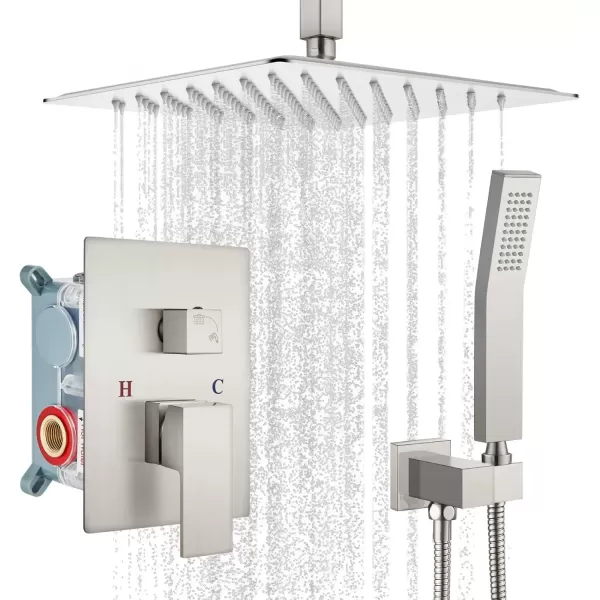 imagegotonovo Bathroom Rain Shower Combo Set Ceiling Mount with Handheld Spray High Pressure Luxury Shower Mixer Faucet with Roughin Valve Shower Trim 2 Function 10 inch Shower Head Brushed GoldBrushed Nickel