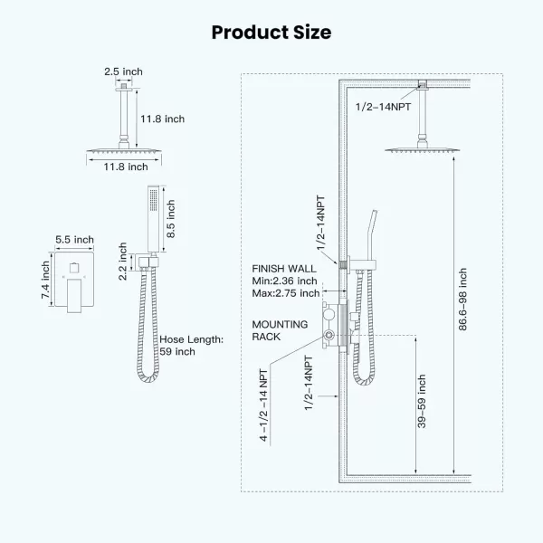 imagegotonovo Bathroom Rain Shower Combo Set Ceiling Mount with Handheld Spray High Pressure Luxury Shower Mixer Faucet with Roughin Valve Shower Trim 2 Function 12 inch Shower Head Matte Black