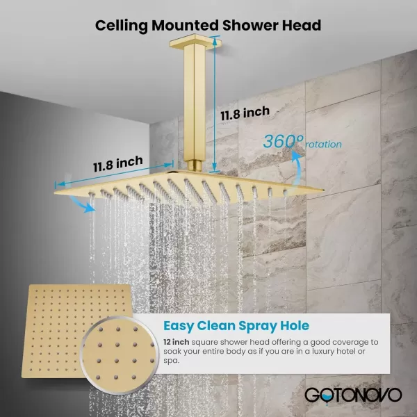 imagegotonovo Bathroom Rain Shower Combo Set Ceiling Mount with Handheld Spray High Pressure Luxury Shower Mixer Faucet with Roughin Valve Shower Trim 2 Function 10 inch Shower Head Brushed GoldBrushed Gold