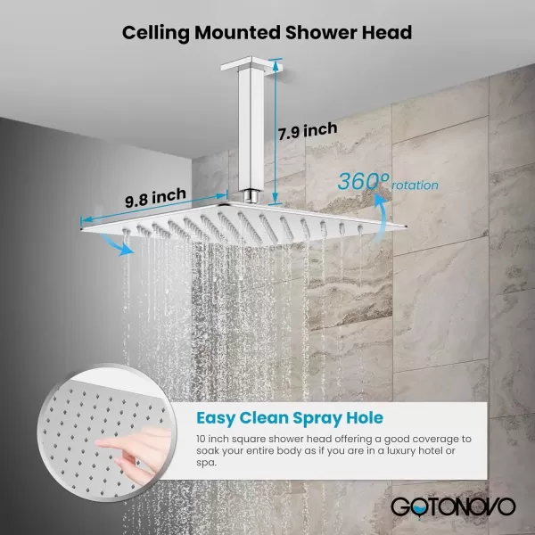 imagegotonovo Bathroom Rain Shower Combo Set Ceiling Mount with Handheld Spray High Pressure Luxury Shower Mixer Faucet with Roughin Valve Shower Trim 2 Function 10 inch Shower Head Brushed GoldPolished Chrome
