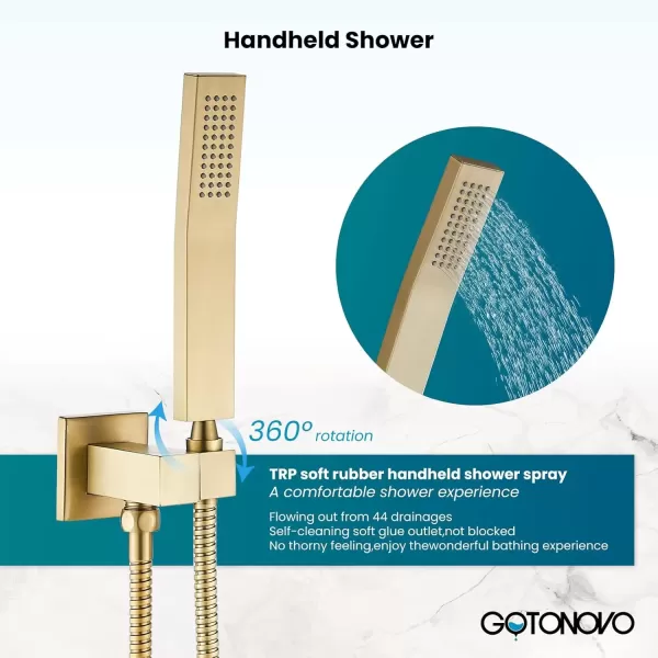 imagegotonovo Bathroom Rain Shower Combo Set Ceiling Mount with Handheld Spray High Pressure Luxury Shower Mixer Faucet with Roughin Valve Shower Trim 2 Function 10 inch Shower Head Brushed GoldBrushed Gold
