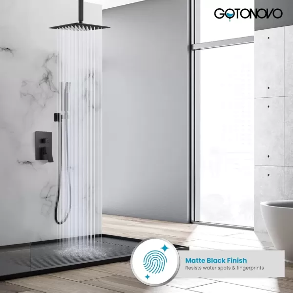 imagegotonovo Bathroom Rain Shower Combo Set Ceiling Mount with Handheld Spray High Pressure Luxury Shower Mixer Faucet with Roughin Valve Shower Trim 2 Function 12 inch Shower Head Matte Black
