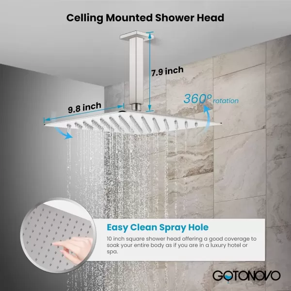 imagegotonovo Bathroom Rain Shower Combo Set Ceiling Mount with Handheld Spray High Pressure Luxury Shower Mixer Faucet with Roughin Valve Shower Trim 2 Function 10 inch Shower Head Brushed GoldBrushed Nickel