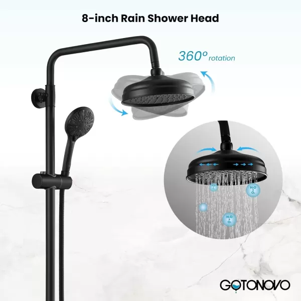 imagegotonovo Bathroom Shower Faucet Rain Mixer 8 Inch Round Shower Head Double Cross Handle with Tub Spout Wall Mount Bathroom Shower Fixtures 3 Function ABS Handheld Sprayer Polished ChromeMatte Black