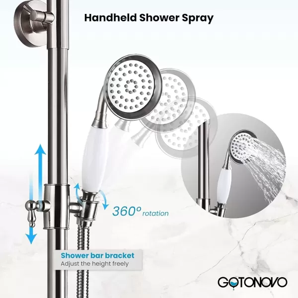 imagegotonovo Bathroom Shower Faucet Rain Mixer 8 Inch Round Shower Head Double Cross Handle with Tub Spout Wall Mount Bathroom Shower Fixtures 3 Function ABS Handheld Sprayer Polished ChromeBrushed Nickel
