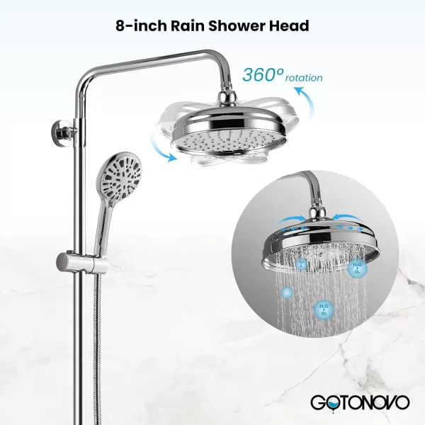 imagegotonovo Bathroom Shower Faucet Rain Mixer 8 Inch Round Shower Head Double Cross Handle with Tub Spout Wall Mount Bathroom Shower Fixtures 3 Function ABS Handheld Sprayer Polished ChromePolished Chrome