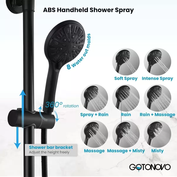 imagegotonovo Bathroom Shower Faucet Rain Mixer 8 Inch Round Shower Head Double Cross Handle with Tub Spout Wall Mount Bathroom Shower Fixtures 3 Function ABS Handheld Sprayer Polished ChromeMatte Black