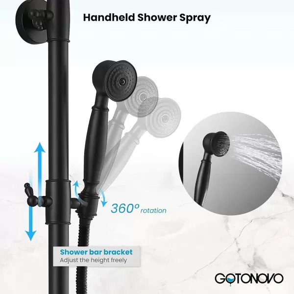 imagegotonovo Bathroom Shower Faucet Rain Mixer 8 Inch Round Shower Head Double Cross Handle with Tub Spout Wall Mount Bathroom Shower Fixtures 3 Function ABS Handheld Sprayer Polished ChromeMatte Black