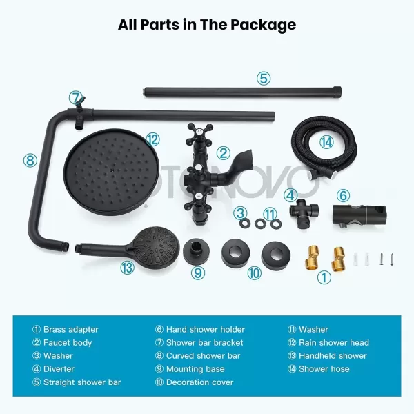 imagegotonovo Bathroom Shower Faucet Rain Mixer 8 Inch Round Shower Head Double Cross Handle with Tub Spout Wall Mount Bathroom Shower Fixtures 3 Function ABS Handheld Sprayer Polished ChromeMatte Black