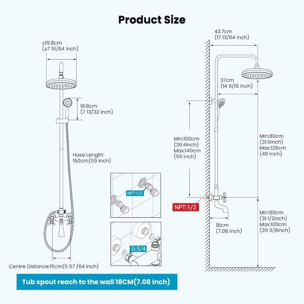 imagegotonovo Bathroom Shower Faucet Rain Mixer 8 Inch Round Shower Head Double Cross Handle with Tub Spout Wall Mount Bathroom Shower Fixtures 3 Function ABS Handheld Sprayer Polished ChromePolished Chrome