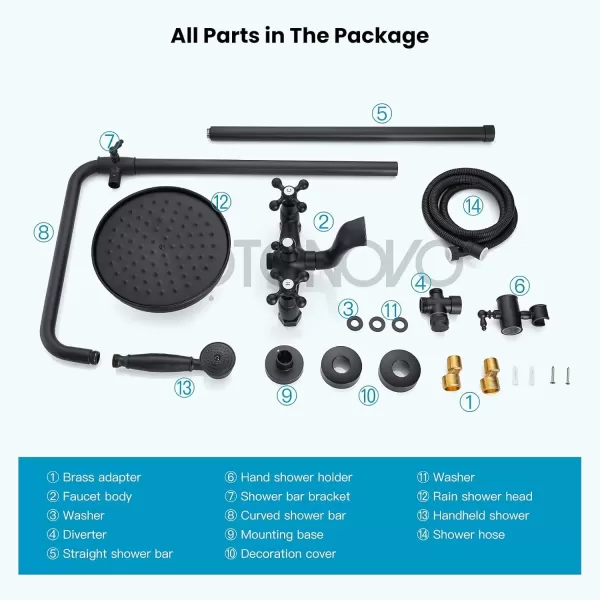 imagegotonovo Bathroom Shower Faucet Rain Mixer 8 Inch Round Shower Head Double Cross Handle with Tub Spout Wall Mount Bathroom Shower Fixtures 3 Function ABS Handheld Sprayer Polished ChromeMatte Black