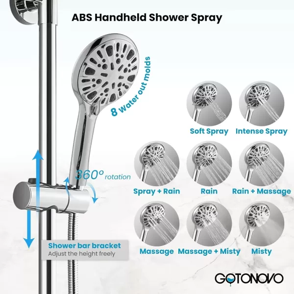imagegotonovo Bathroom Shower Faucet Rain Mixer 8 Inch Round Shower Head Double Cross Handle with Tub Spout Wall Mount Bathroom Shower Fixtures 3 Function ABS Handheld Sprayer Polished ChromePolished Chrome