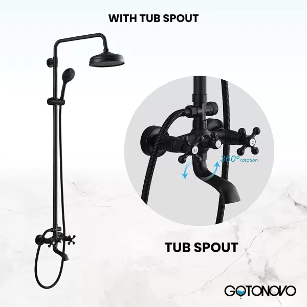 imagegotonovo Bathroom Shower Faucet Rain Mixer 8 Inch Round Shower Head Double Cross Handle with Tub Spout Wall Mount Bathroom Shower Fixtures 3 Function ABS Handheld Sprayer Polished ChromeMatte Black