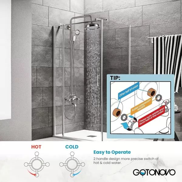 imagegotonovo Bathroom Shower Faucet Rain Mixer 8 Inch Round Shower Head Double Cross Handle with Tub Spout Wall Mount Bathroom Shower Fixtures 3 Function ABS Handheld Sprayer Polished ChromeBrushed Nickel
