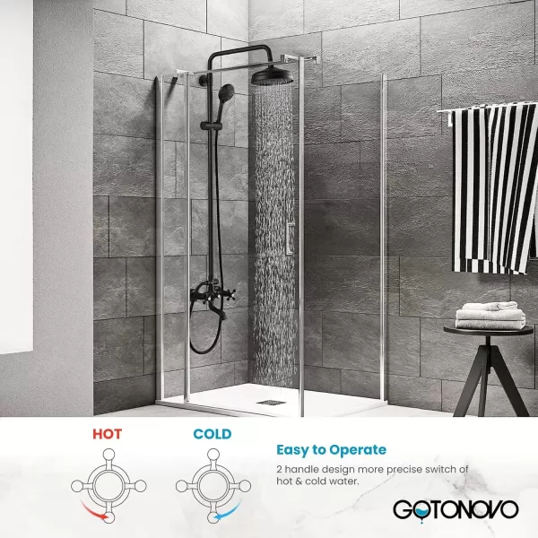 imagegotonovo Bathroom Shower Faucet Rain Mixer 8 Inch Round Shower Head Double Cross Handle with Tub Spout Wall Mount Bathroom Shower Fixtures 3 Function ABS Handheld Sprayer Polished ChromeMatte Black