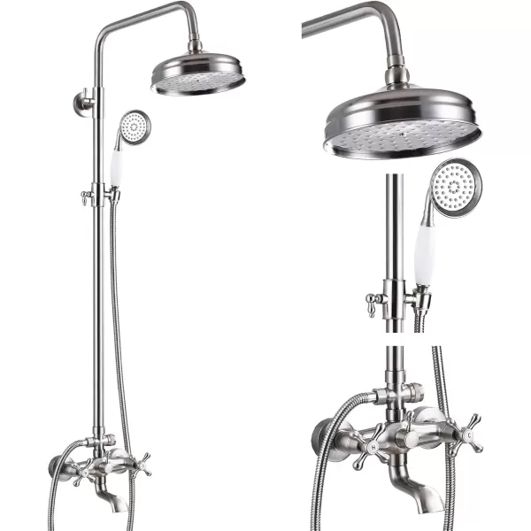 imagegotonovo Bathroom Shower Faucet Rain Mixer 8 Inch Round Shower Head Double Cross Handle with Tub Spout Wall Mount Bathroom Shower Fixtures 3 Function ABS Handheld Sprayer Polished ChromeBrushed Nickel