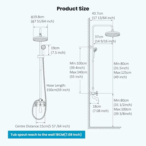 imagegotonovo Bathroom Shower Faucet Rain Mixer 8 Inch Round Shower Head Double Cross Handle with Tub Spout Wall Mount Bathroom Shower Fixtures 3 Function ABS Handheld Sprayer Polished ChromeMatte Black