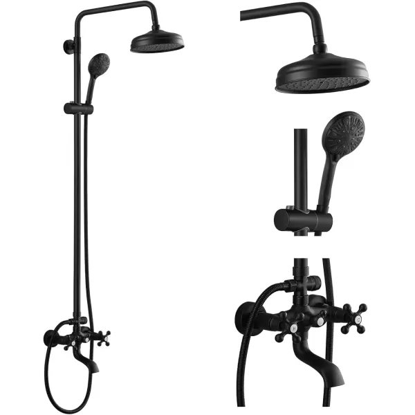 imagegotonovo Bathroom Shower Faucet Rain Mixer 8 Inch Round Shower Head Double Cross Handle with Tub Spout Wall Mount Bathroom Shower Fixtures 3 Function ABS Handheld Sprayer Polished ChromeMatte Black