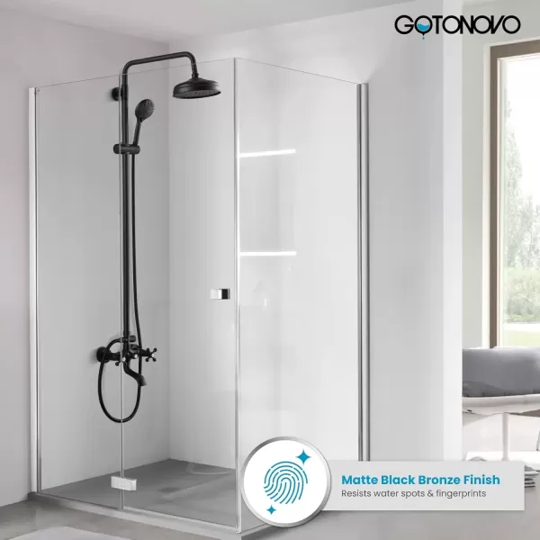 imagegotonovo Bathroom Shower Faucet Rain Mixer 8 Inch Round Shower Head Double Cross Handle with Tub Spout Wall Mount Bathroom Shower Fixtures 3 Function ABS Handheld Sprayer Polished ChromeMatte Black