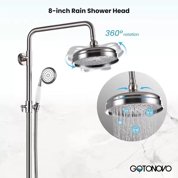 imagegotonovo Bathroom Shower Faucet Rain Mixer 8 Inch Round Shower Head Double Cross Handle with Tub Spout Wall Mount Bathroom Shower Fixtures 3 Function ABS Handheld Sprayer Polished ChromeBrushed Nickel