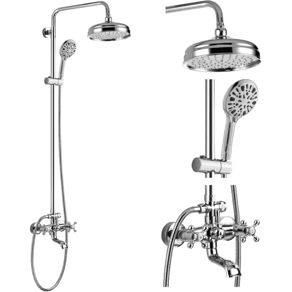 imagegotonovo Bathroom Shower Faucet Rain Mixer 8 Inch Round Shower Head Double Cross Handle with Tub Spout Wall Mount Bathroom Shower Fixtures 3 Function ABS Handheld Sprayer Polished ChromePolished Chrome