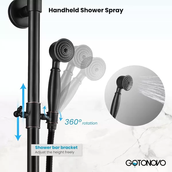 imagegotonovo Bathroom Shower Faucet Rain Mixer 8 Inch Round Shower Head Double Cross Handle with Tub Spout Wall Mount Bathroom Shower Fixtures 3 Function ABS Handheld Sprayer Polished ChromeOil Rubbed Bronze